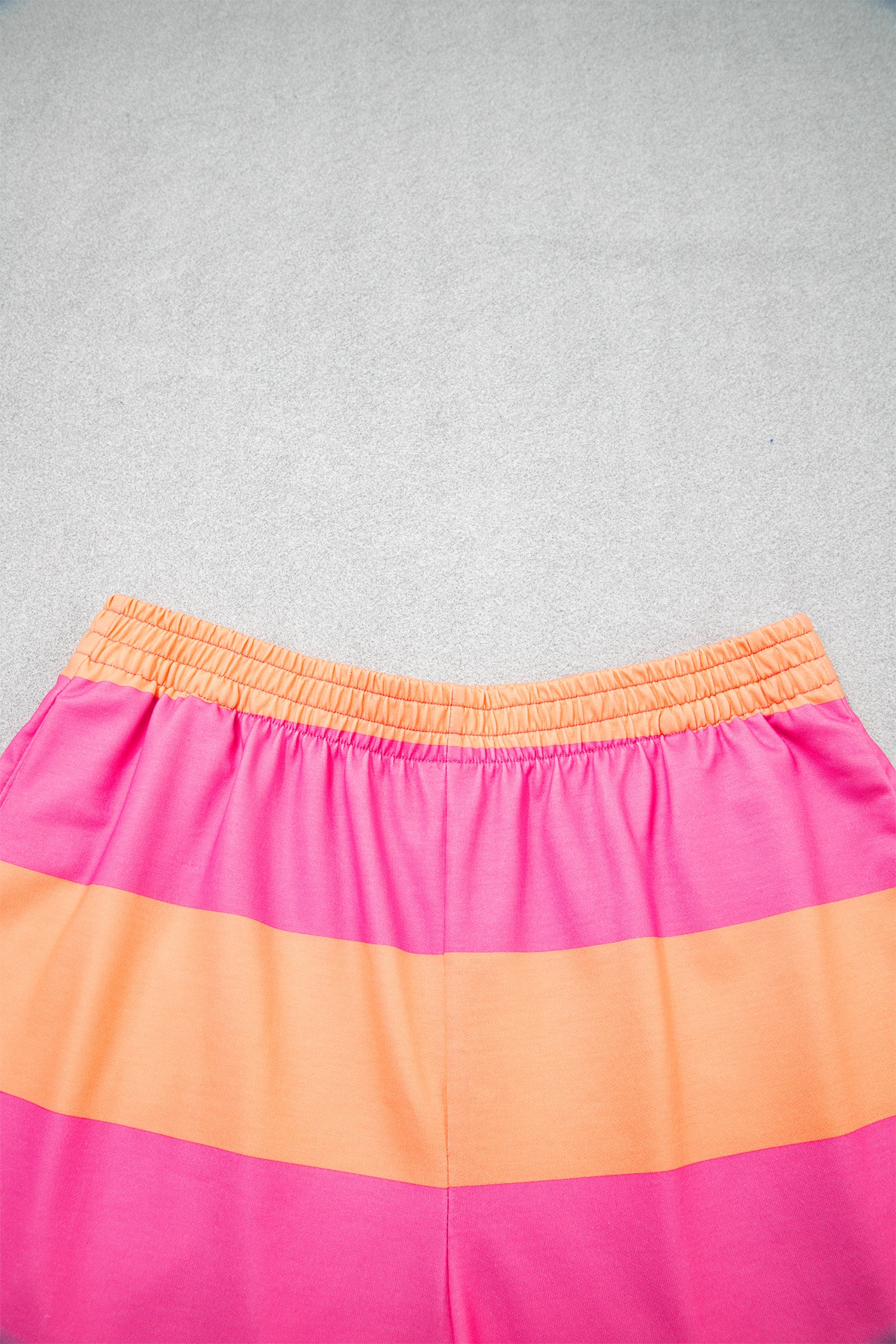 Seam Detail Half-Zip Tee & Casual Shorts Co-ord | Pink, Sky Blue & Yellow Stripe