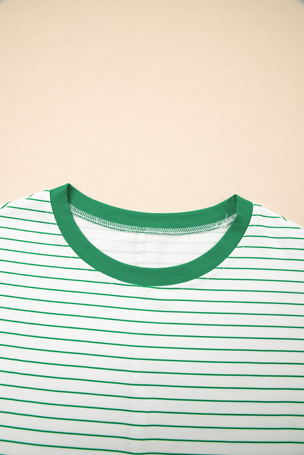 Women's Green Stripe Ruffled Short Sleeve Crew Neck Shift Mini Dress at LivelyLooks
