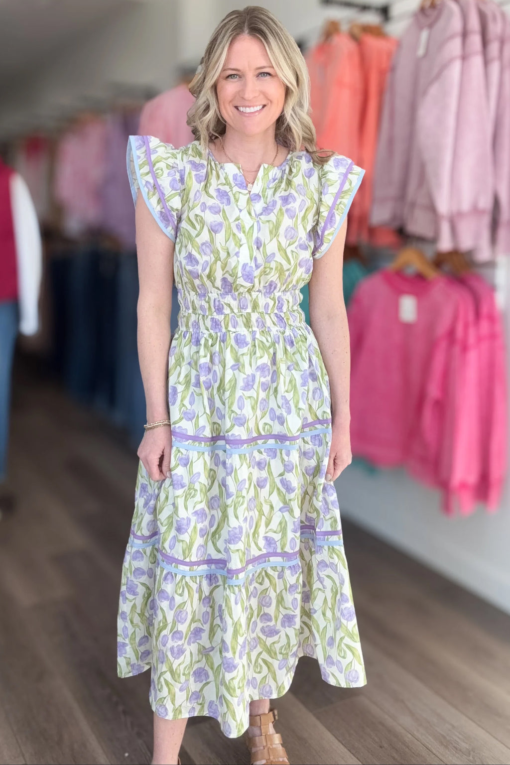 Purple Tulip Floral Print Contrast Trim Flutter Sleeve Midi Dress