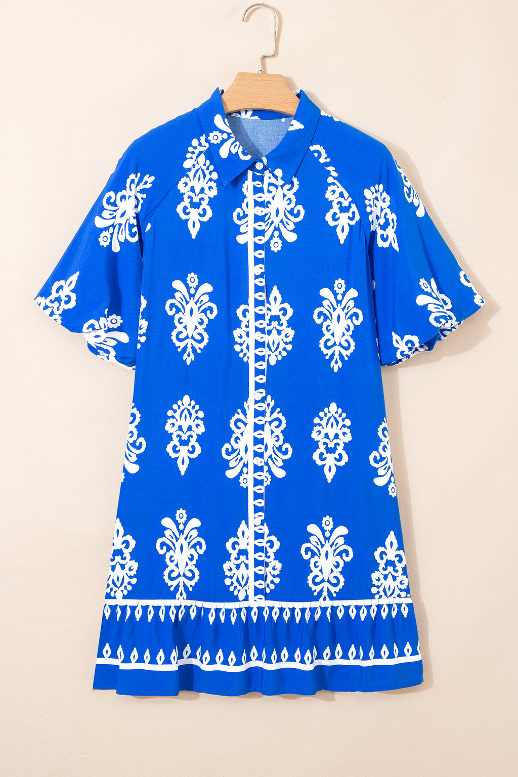 Blue Ethnic Geometric Print Collared Button Front Puff Sleeve Mini Dress S-XL