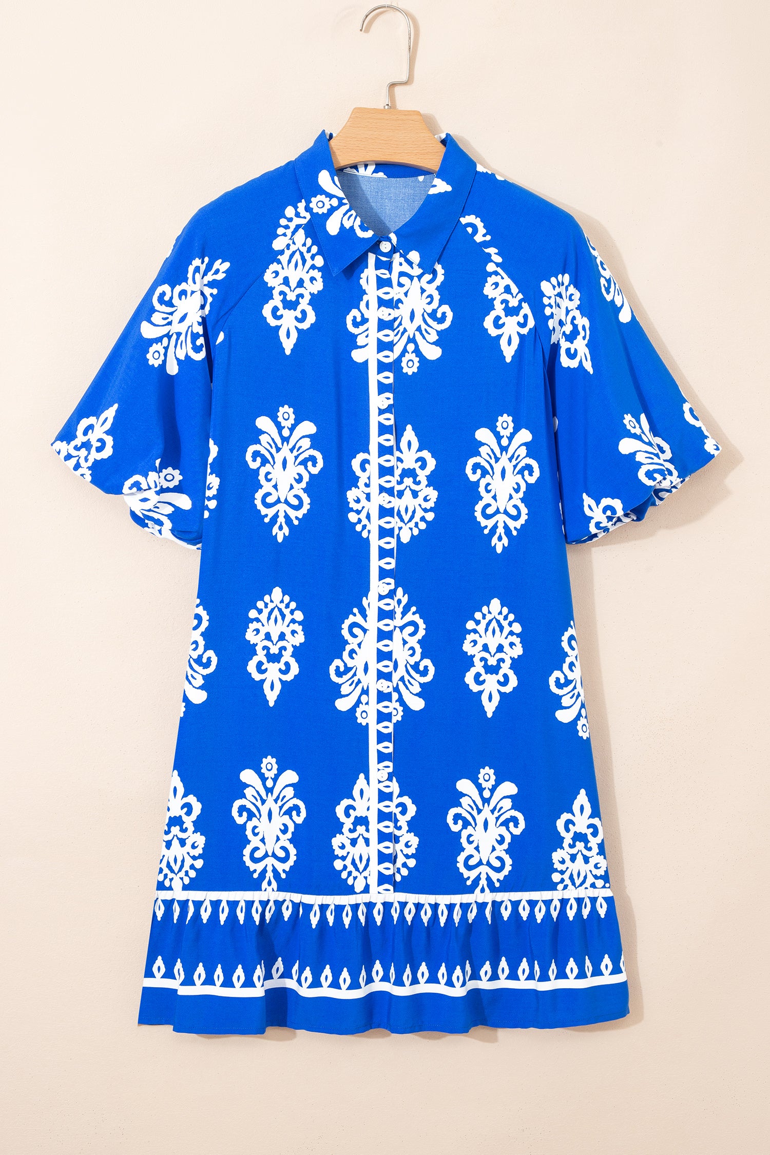 Blue Ethnic Geometric Print Collared Button Front Puff Sleeve Mini Dress S-XL