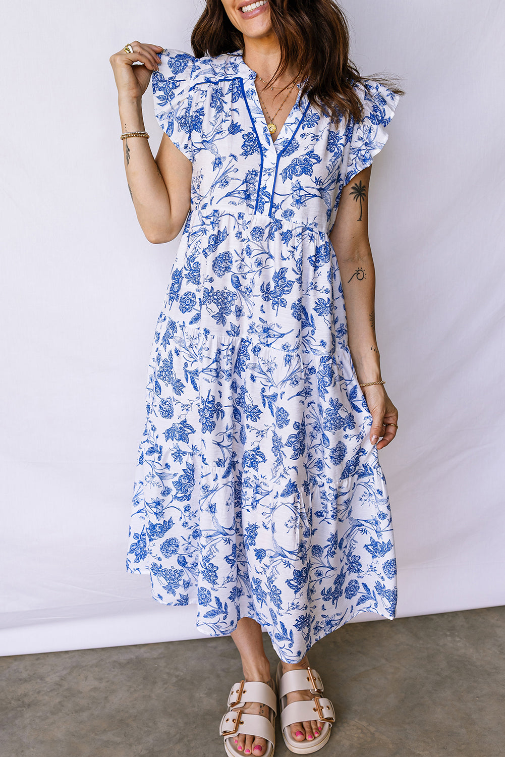 Women's Blue Ruffled Short Sleeve Tiered Floral Midi Dress at LivelyLooks
