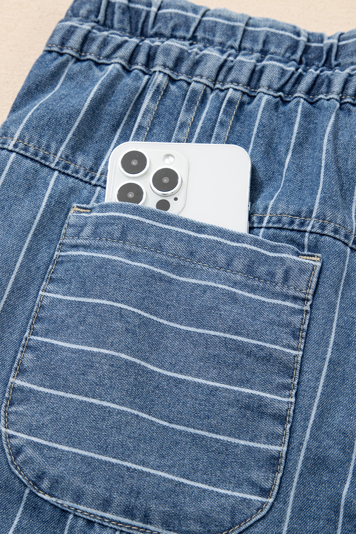 LivelyLooks Stripe Button Pleated Drawstring Waist Casual Wide Leg Jeans Denim Trousers Blue women's fashion