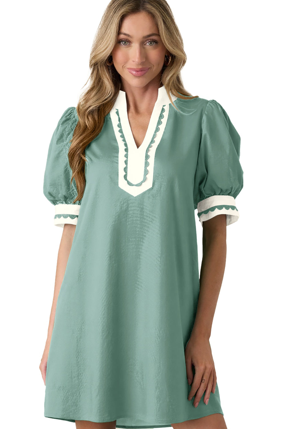 LivelyLooks Scallop Colour Block Trim Puff Sleeve Mini Dress Pink & Green women's fashion