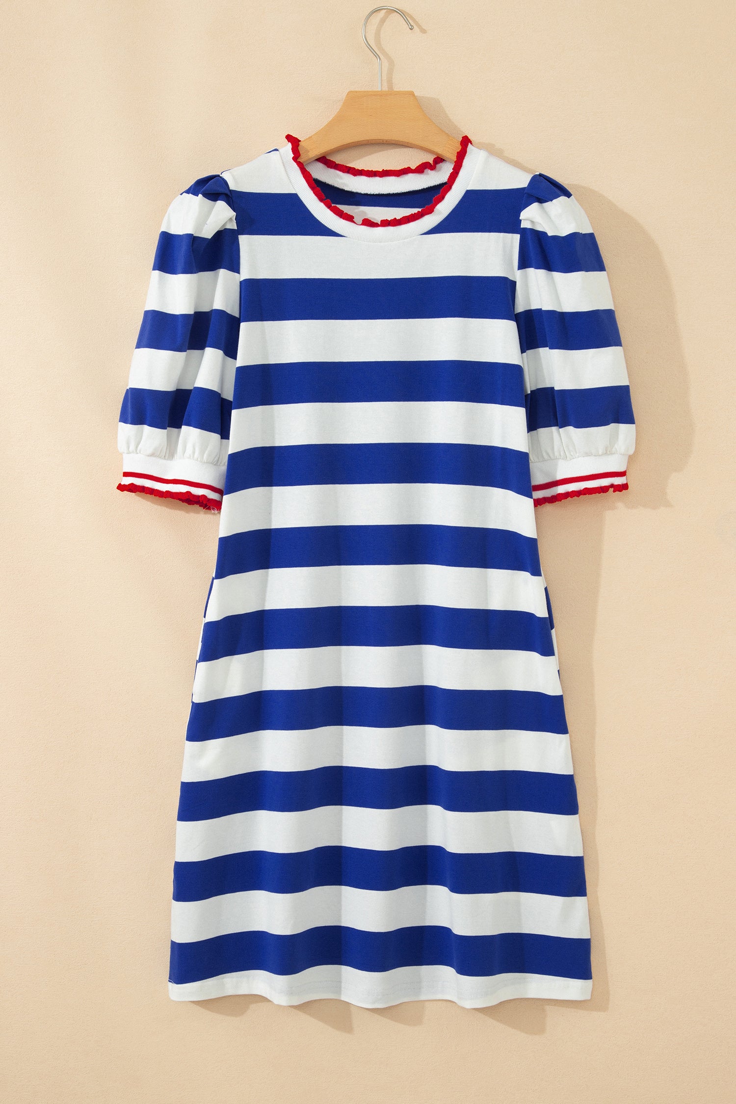 Women's Blue Stripe Contrast Trim Puff Sleeve Shift Mini Dress Stretch S-XL at LivelyLooks