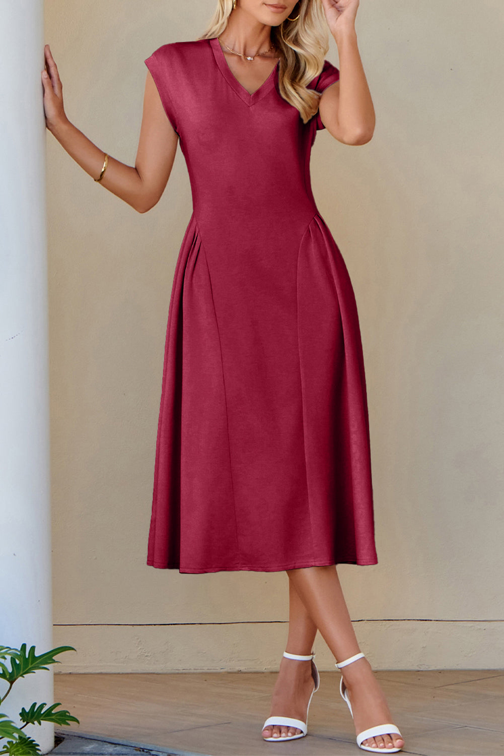 Burgundy V Neck Pleated Flared Midi Dress S-2XL