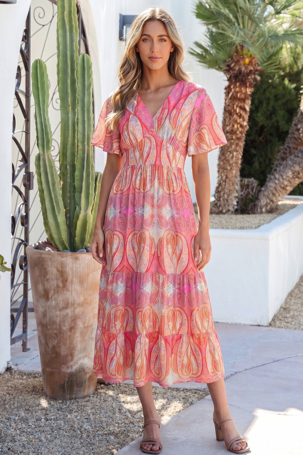 Multicolour Paisley Print V-Neck Flutter Sleeve Boho Maxi Dress