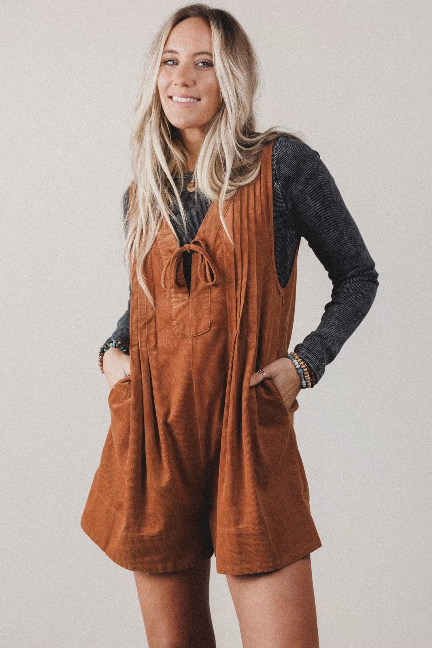 Cinnamon Solid Tie V Neck Sleeveless Corduroy Romper | UK 8–22