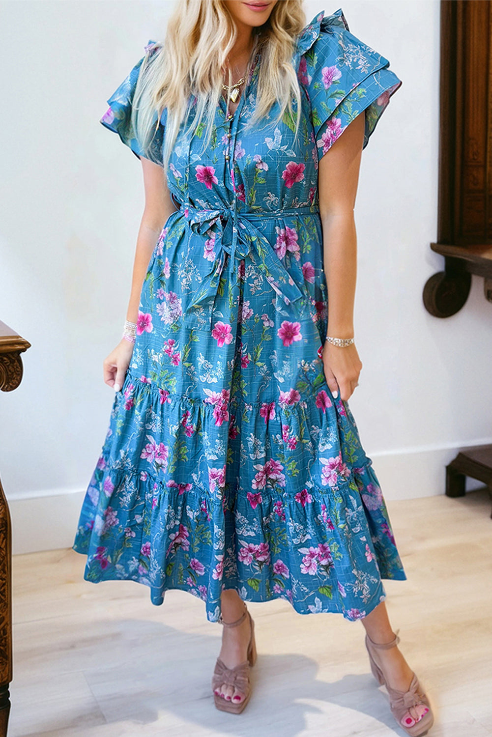 Blue Floral Flutter Sleeve Button Tie Split Neck Belted Long Dress S-XL