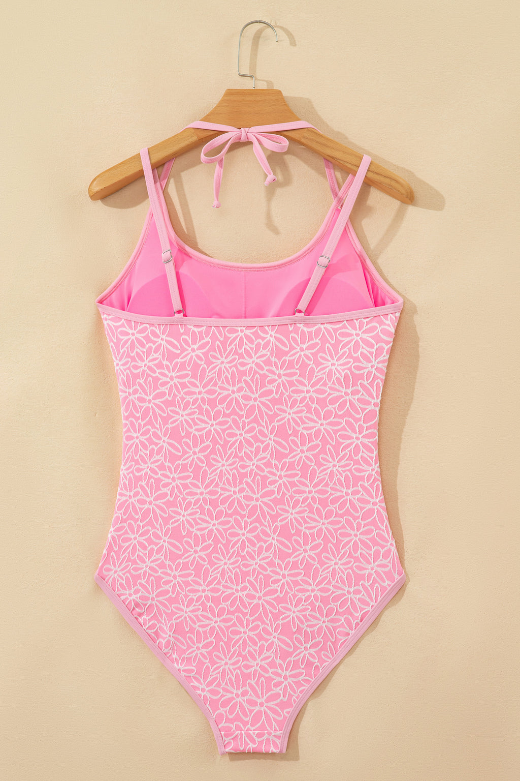 Women's Women Pink Corded Flower Texture Halterneck Spaghetti Strap One Piece Swimsuit S-XL at LivelyLooks
