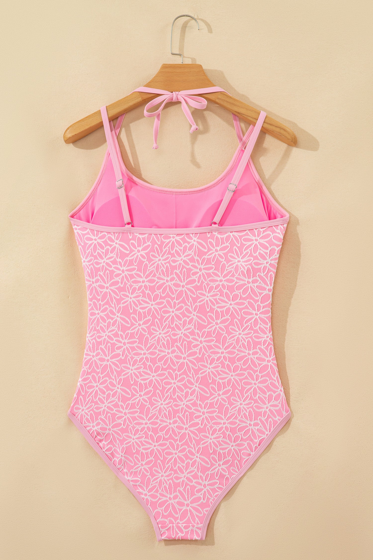 Women's Women Pink Corded Flower Texture Halterneck Spaghetti Strap One Piece Swimsuit S-XL at LivelyLooks