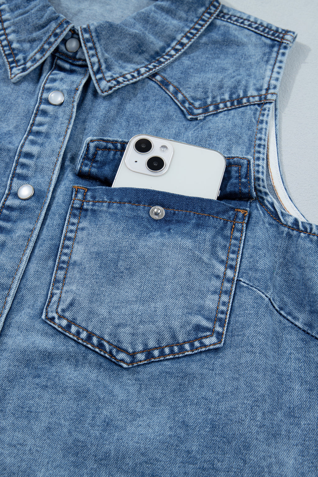 Shop Dusk Blue Buttoned Front Collared Sleeveless Denim Vest at LivelyLooks