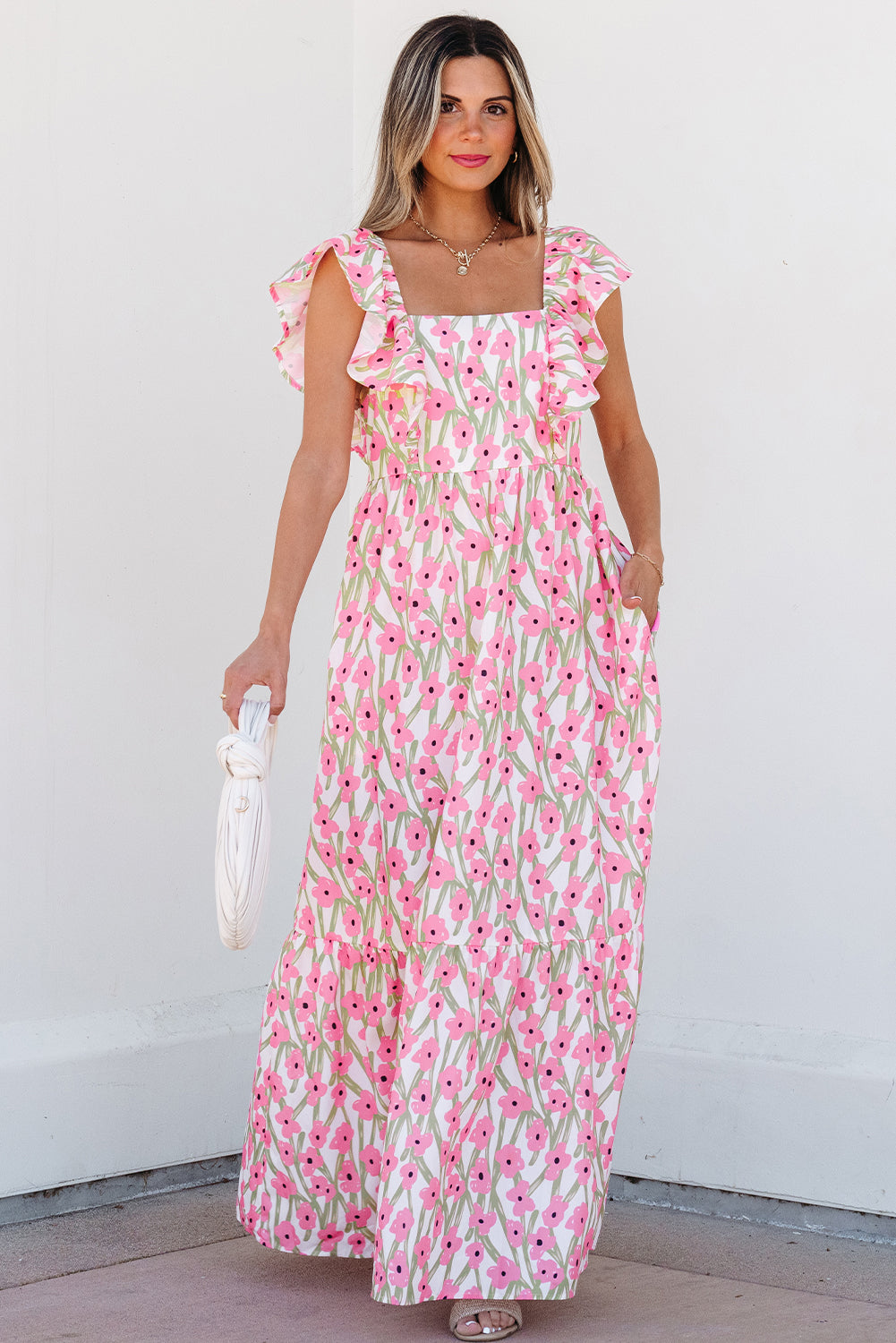 Shop Pink Floral Print Square Neck Ruffled Strap Maxi Dress Summer Boho Casual Sundress at LivelyLooks