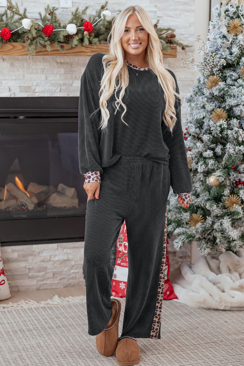 Carbon Grey Twisted Rib Leopard Patchwork Top & Pant Set | UK 8–22