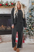 Carbon Grey Twisted Rib Leopard Patchwork Top & Pant Set | UK 8–22