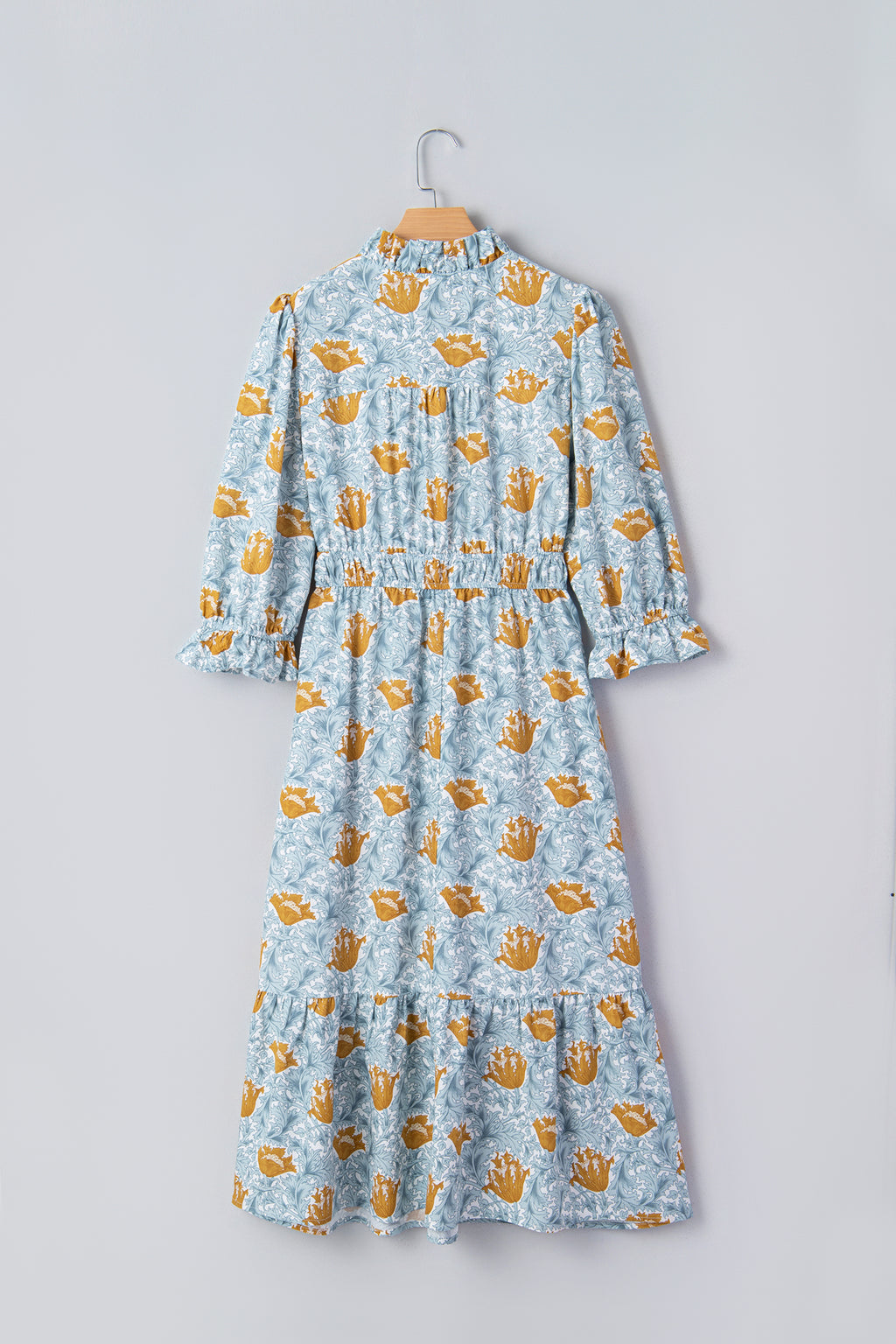 Floral Frilled V Neck Long Dress Bracelet Sleeve Brown Sky Blue Women S-XL