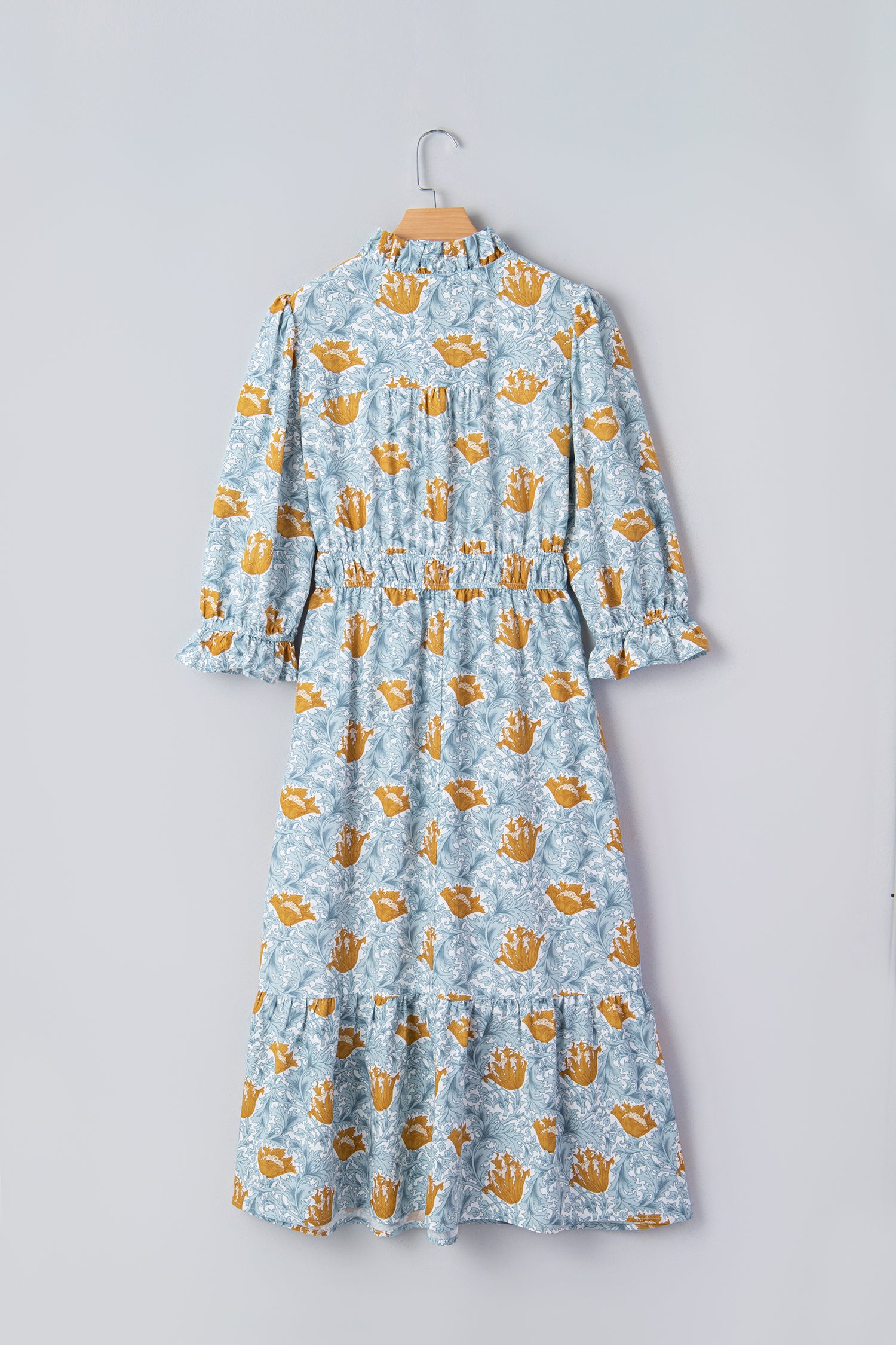 Floral Frilled V Neck Long Dress Bracelet Sleeve Brown Sky Blue Women S-XL