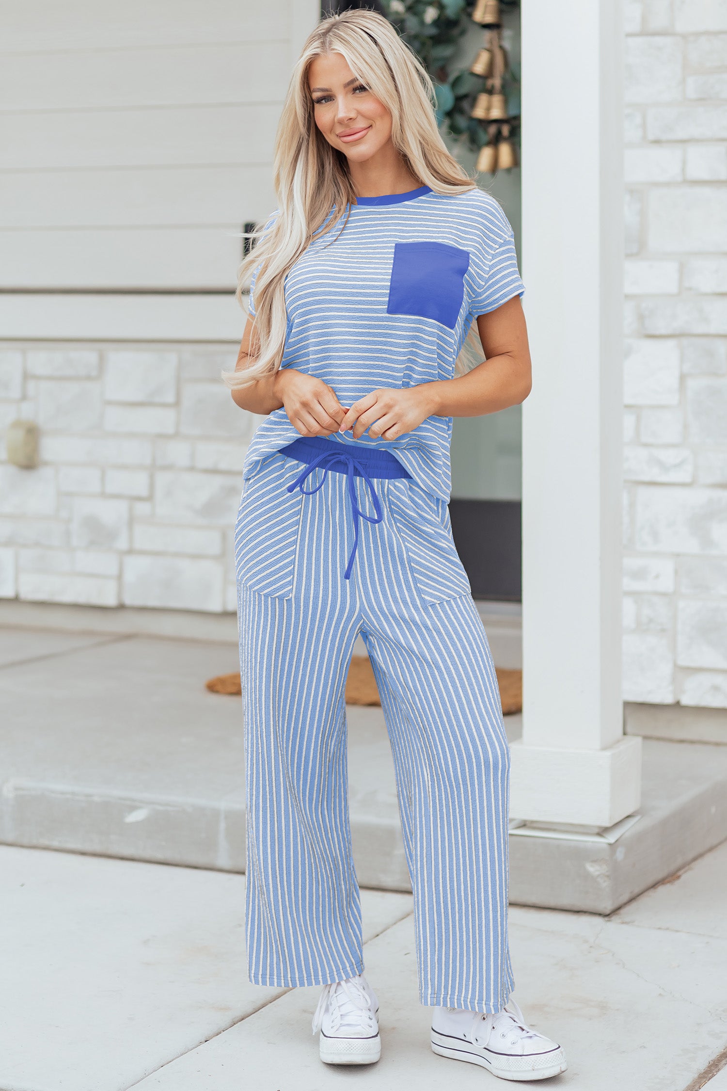Stripe Crew Neck Tee & Drawstring Cropped Trousers Set | 4 Colours | UK 8–18