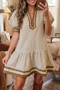 Brown Stripe Colour Block Ruffle Hem Shirt Collar Mini Dress S-XL