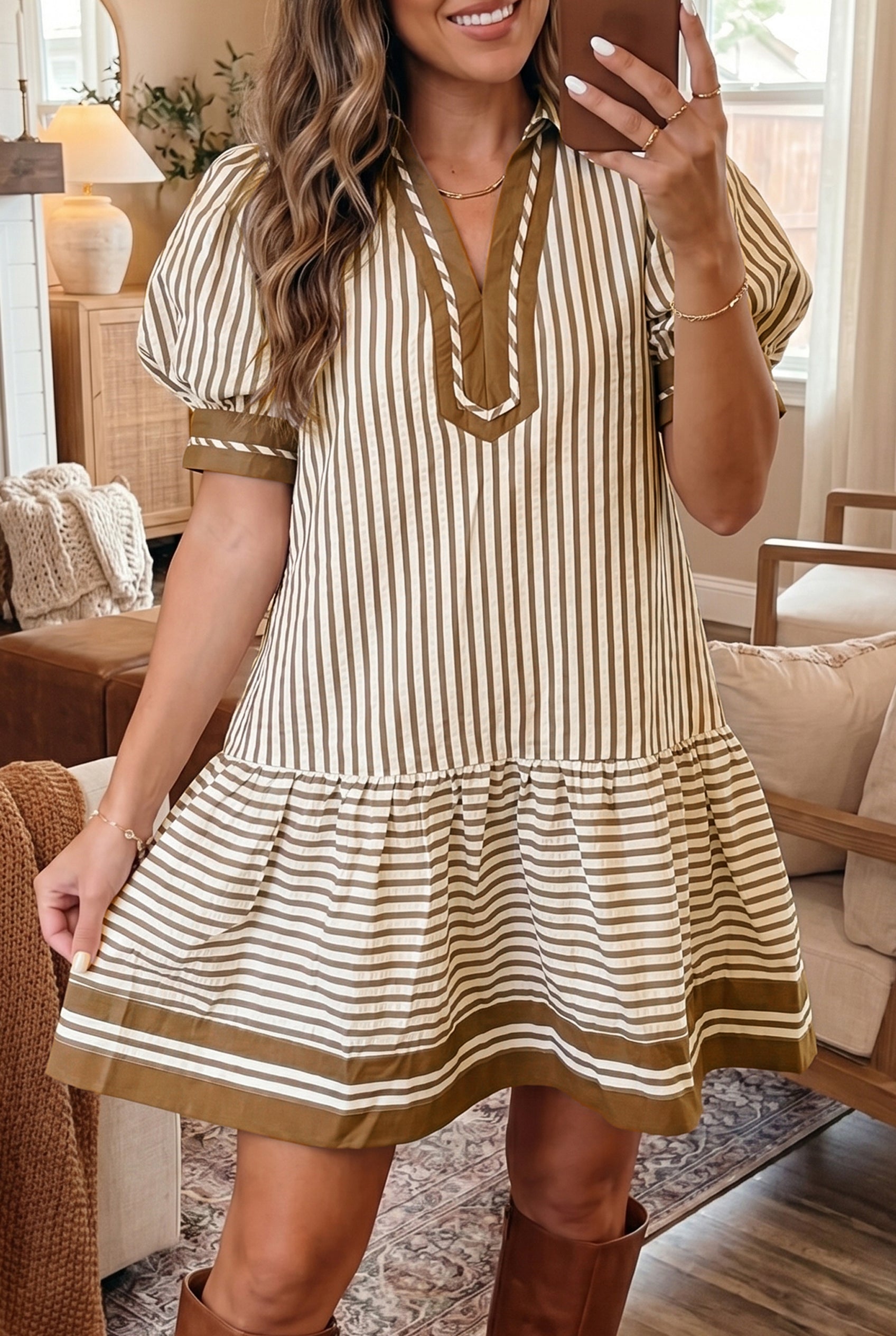 Brown Stripe Colour Block Ruffle Hem Shirt Collar Mini Dress S-XL