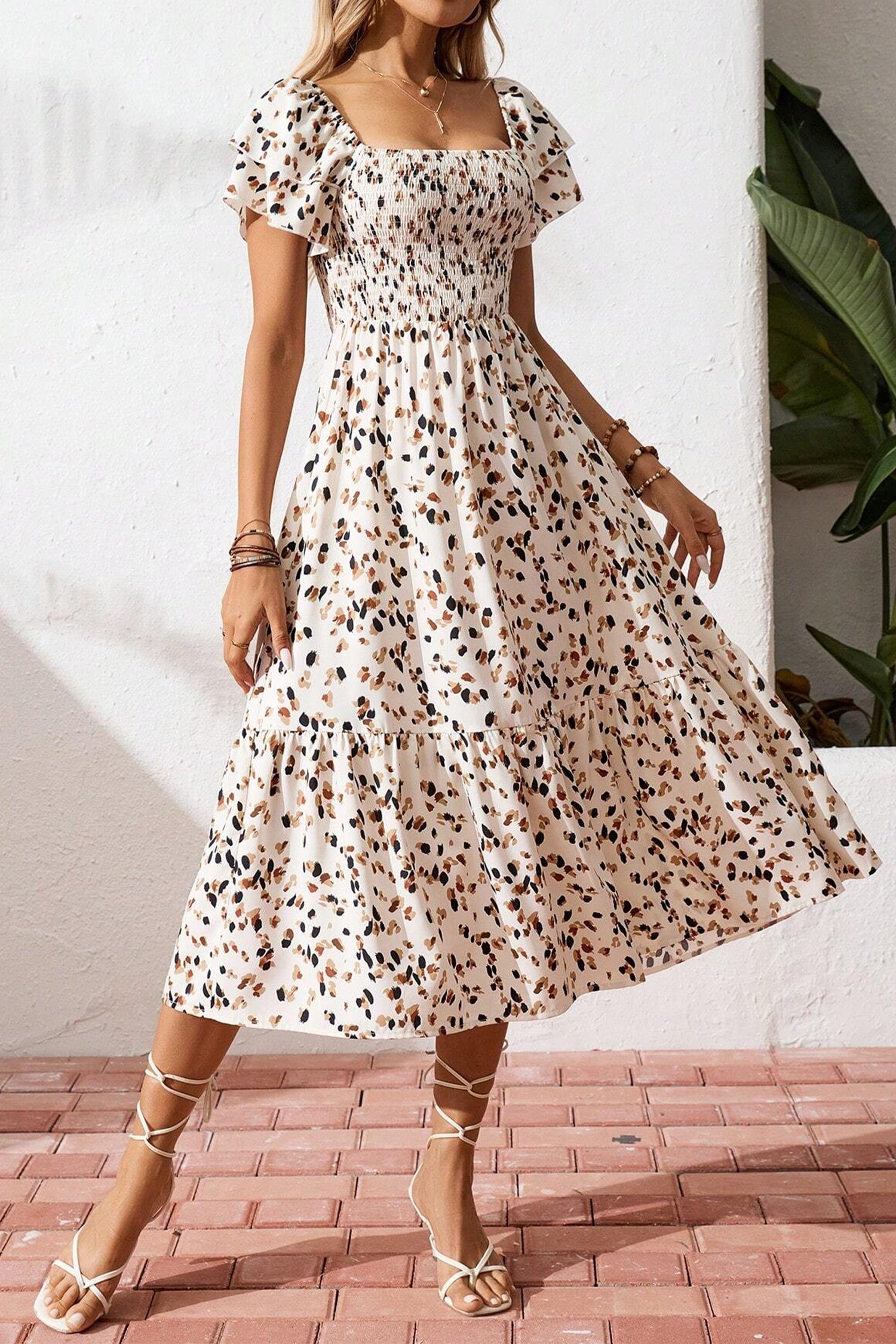 Women's Beige Ditsy Floral Smocked Square Neck Ruffle Sleeve Midi Dress S-XL at LivelyLooks