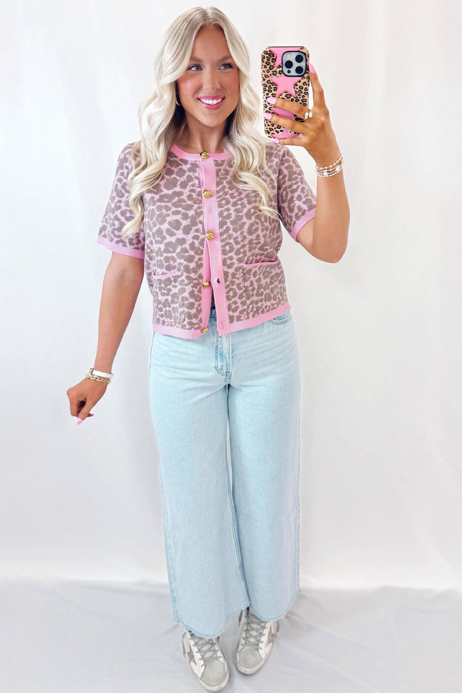 Pink Leopard Print Sweater Cardigan Button Down Short Sleeve Women S-XL