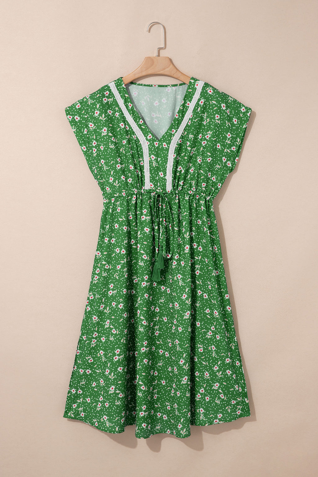 Abstract Print Embroidered V-Neck Dolman Sleeve Boho Midi Dress | Green & Apricot
