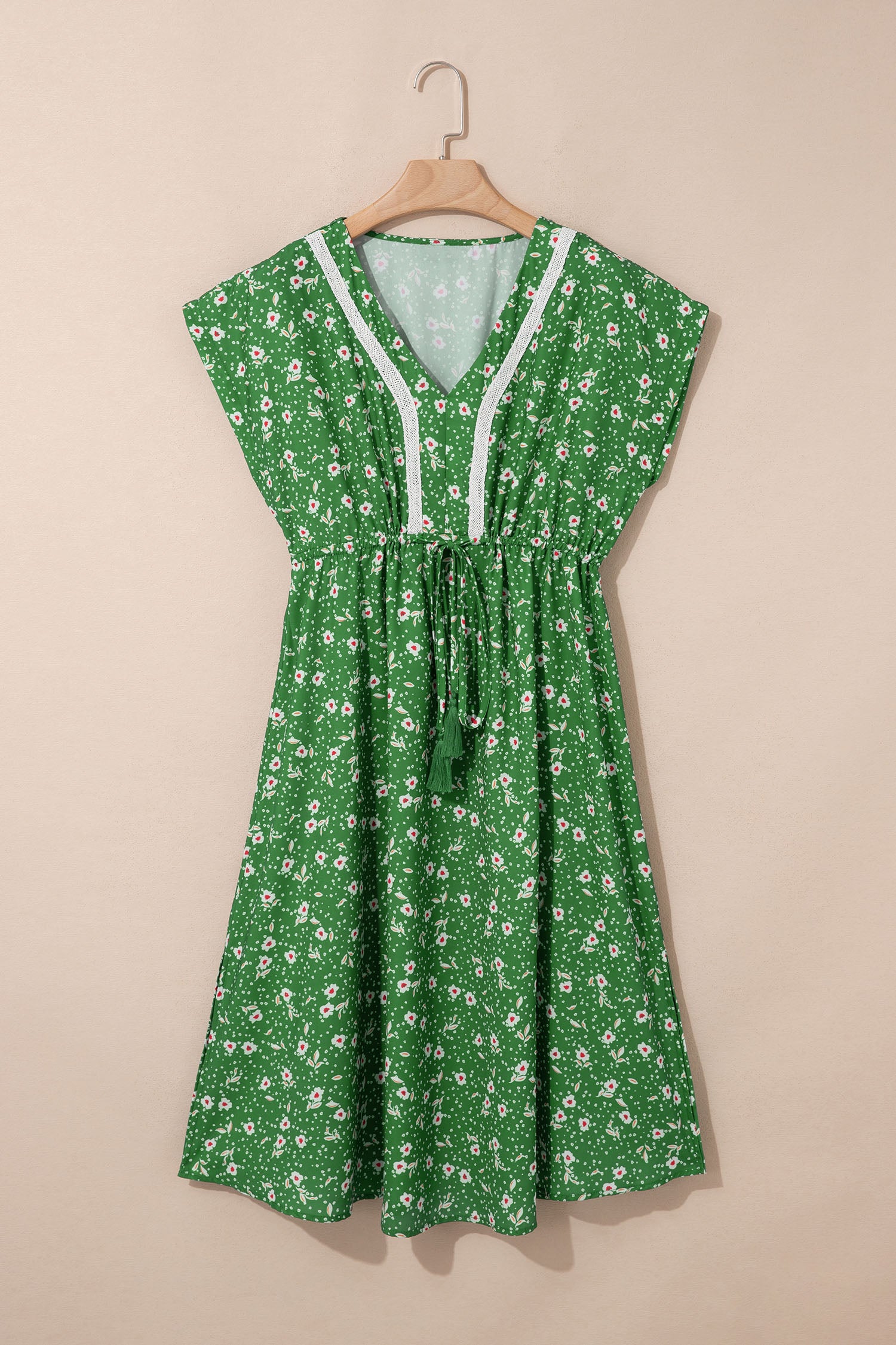 Abstract Print Embroidered V-Neck Dolman Sleeve Boho Midi Dress | Green & Apricot