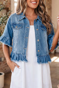 Blue Ruffle Hem Raw Edge Half Sleeve Western Denim Jacket | UK 8–22