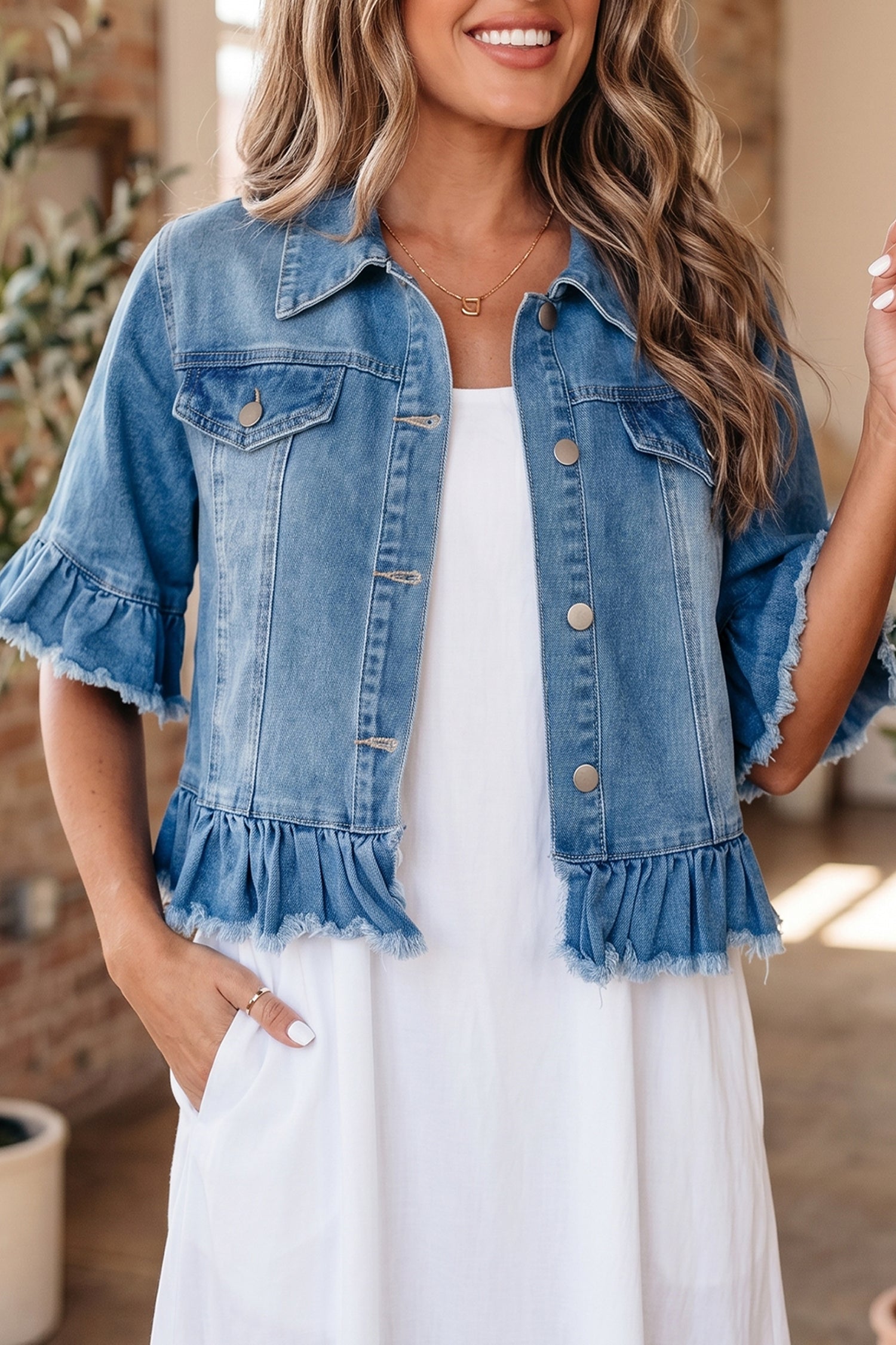Blue Ruffle Hem Raw Edge Half Sleeve Western Denim Jacket | UK 8–22