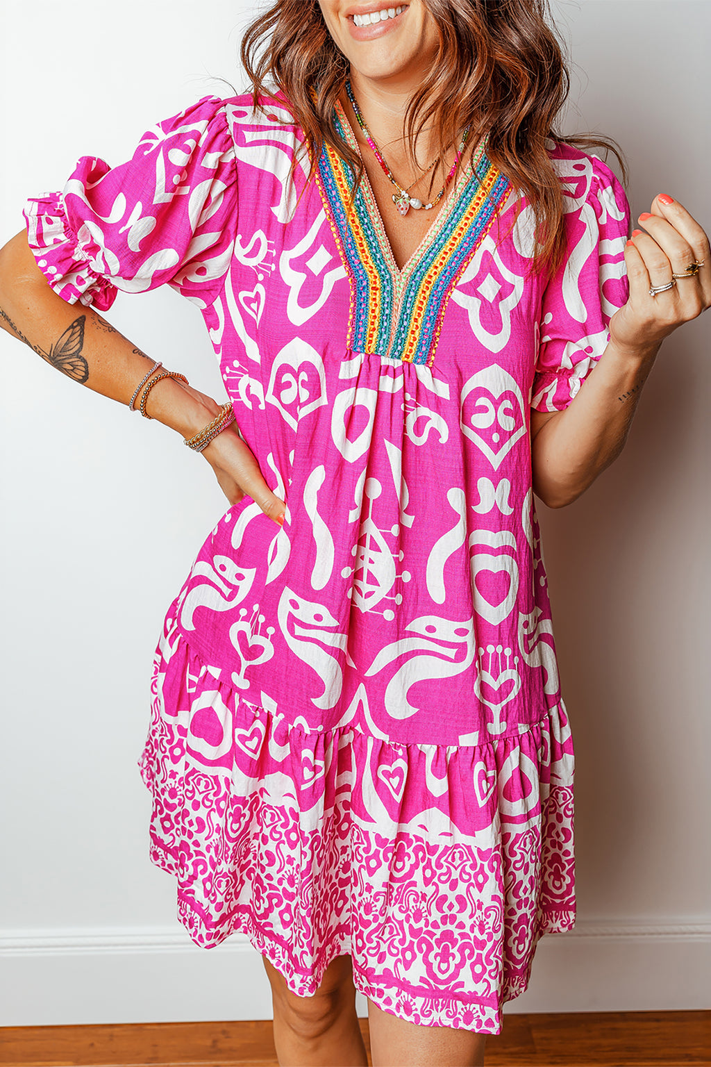 Rose Boho Mixed Print Flared Dress Contrast Trim V Neck Short Sleeve Women S-XL