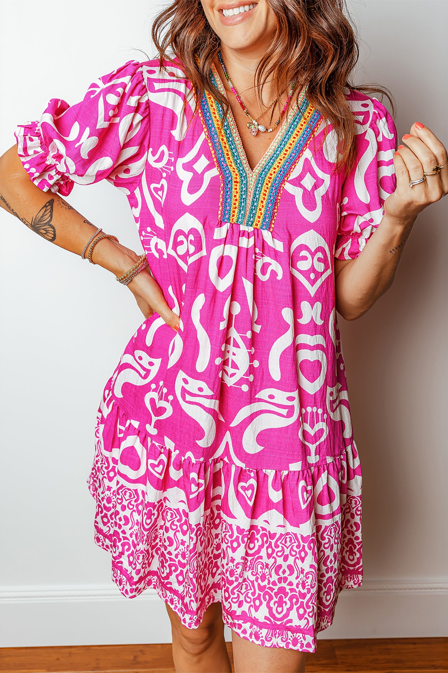 Rose Boho Mixed Print Flared Dress Contrast Trim V Neck Short Sleeve Women S-XL