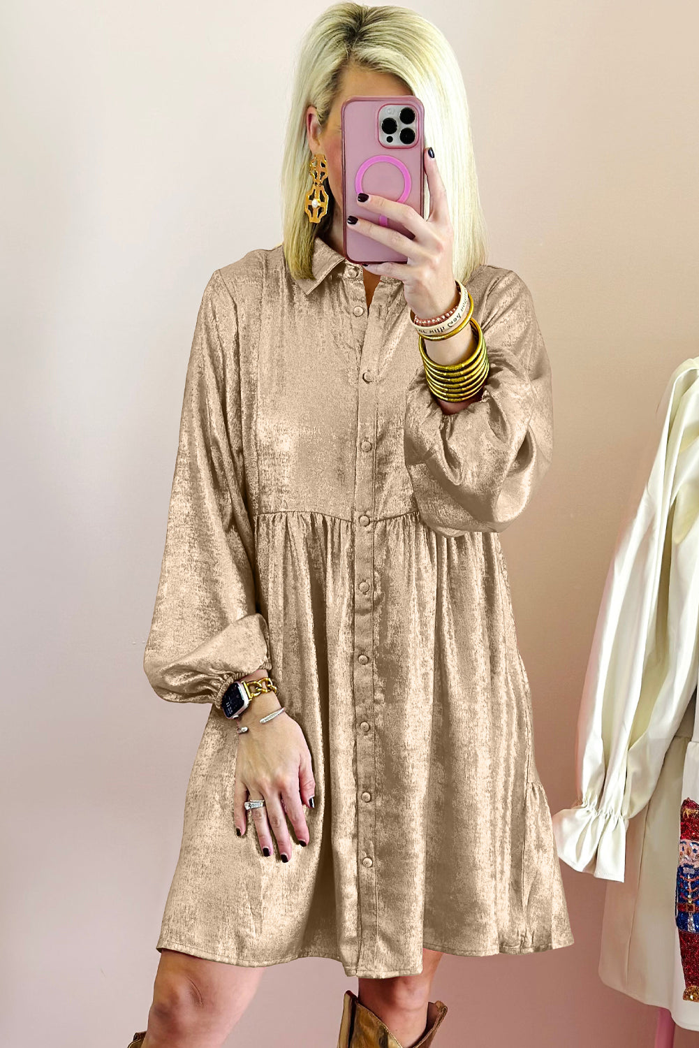 LivelyLooks Beige Metallic Puff Sleeve Button-Up Mini Shirt Dress S-XL women's fashion