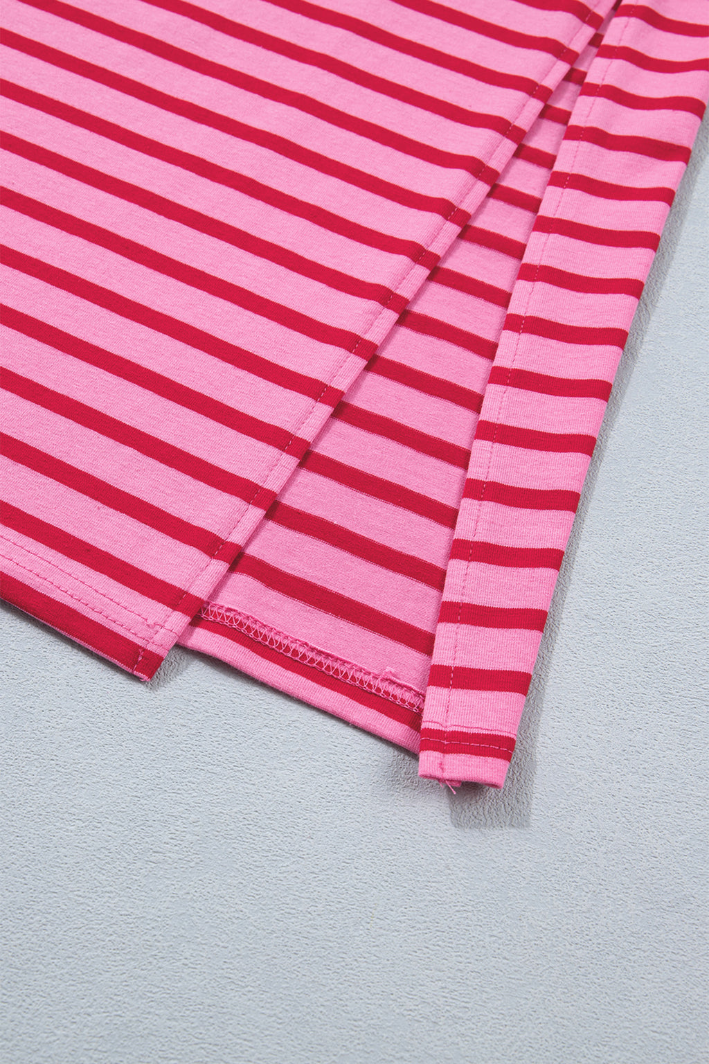 Rose Stripe Scalloped Trim Side Slit Short Sleeve T-Shirt Dress S-XL