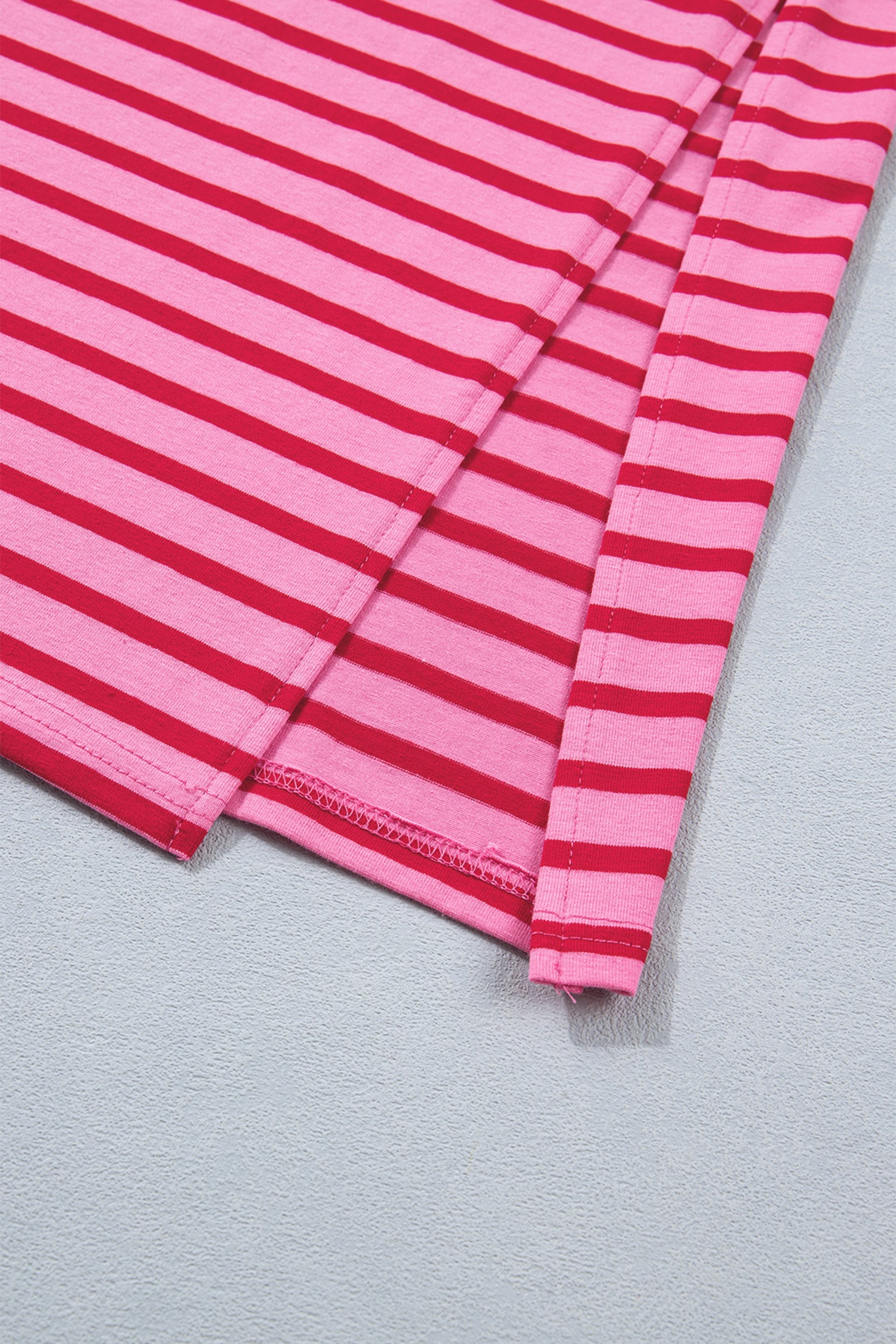 Rose Stripe Scalloped Trim Side Slit Short Sleeve T-Shirt Dress S-XL