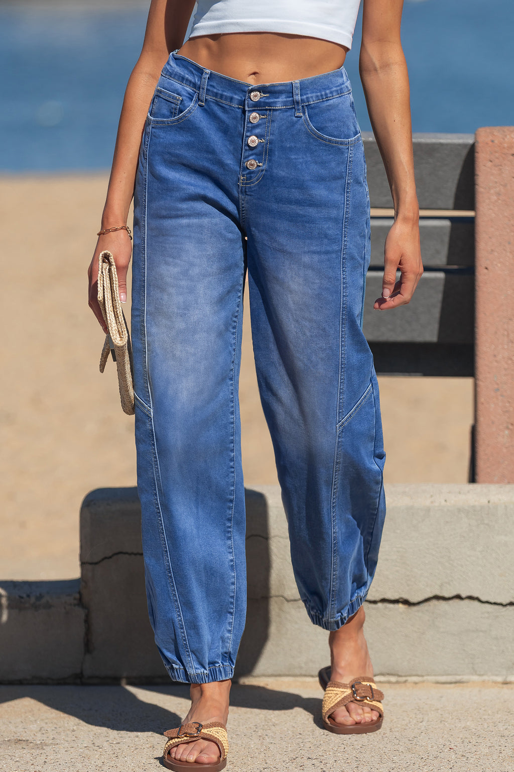 Shop Blue 4-Button Front Tapered Casual Loose Fit Jeans UK 8-20 at LivelyLooks