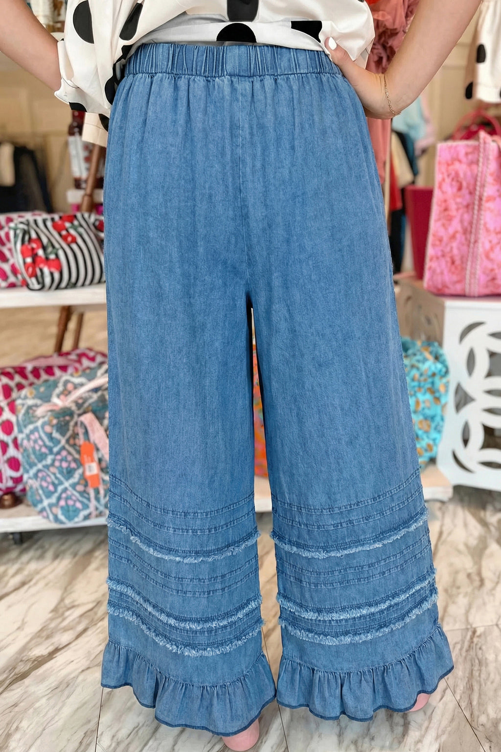 Shop Dusk Blue Ruffled Hem Wide Leg Chambray Trousers UK 8-20 at LivelyLooks