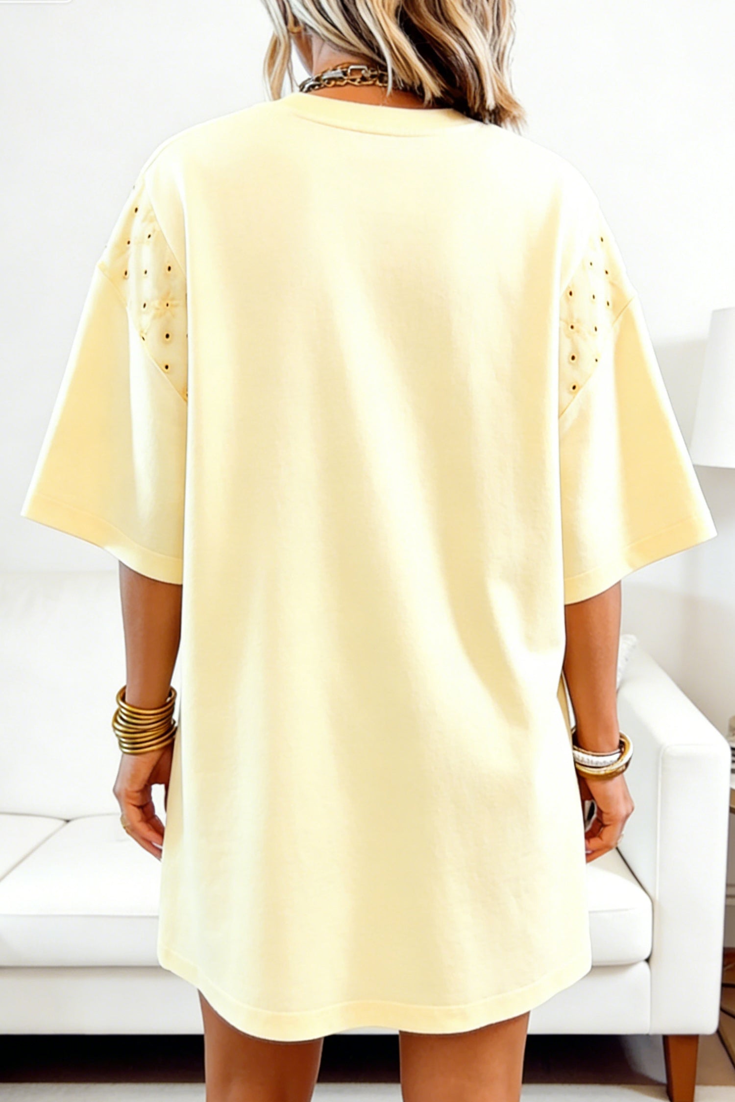 Yellow Cream Eyelet Embroidered Lace Sleeve Loose T-Shirt Dress