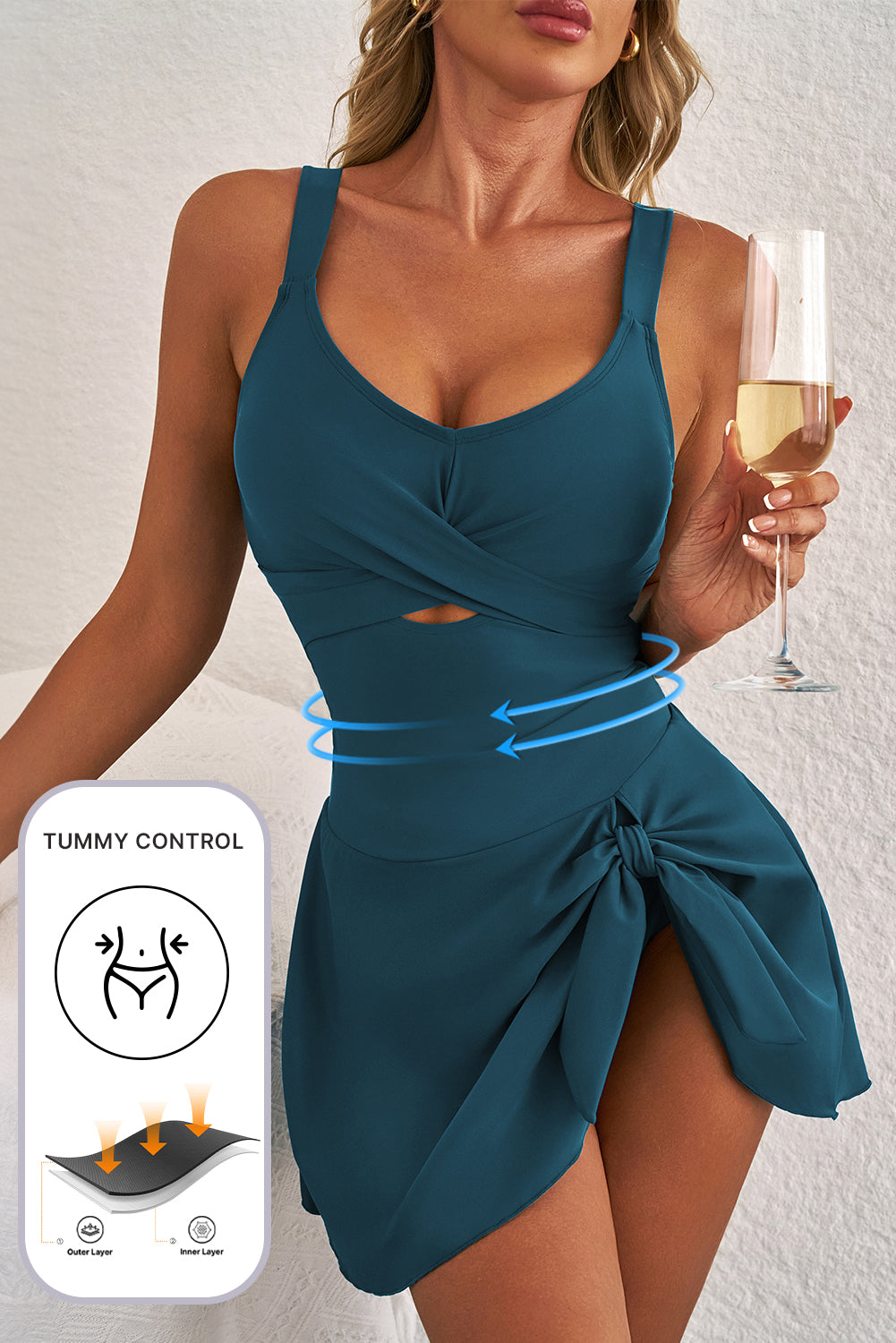 LivelyLooks Black Cutout Ruched Knot Slit One Piece Swim Dress S-2XL women's fashion