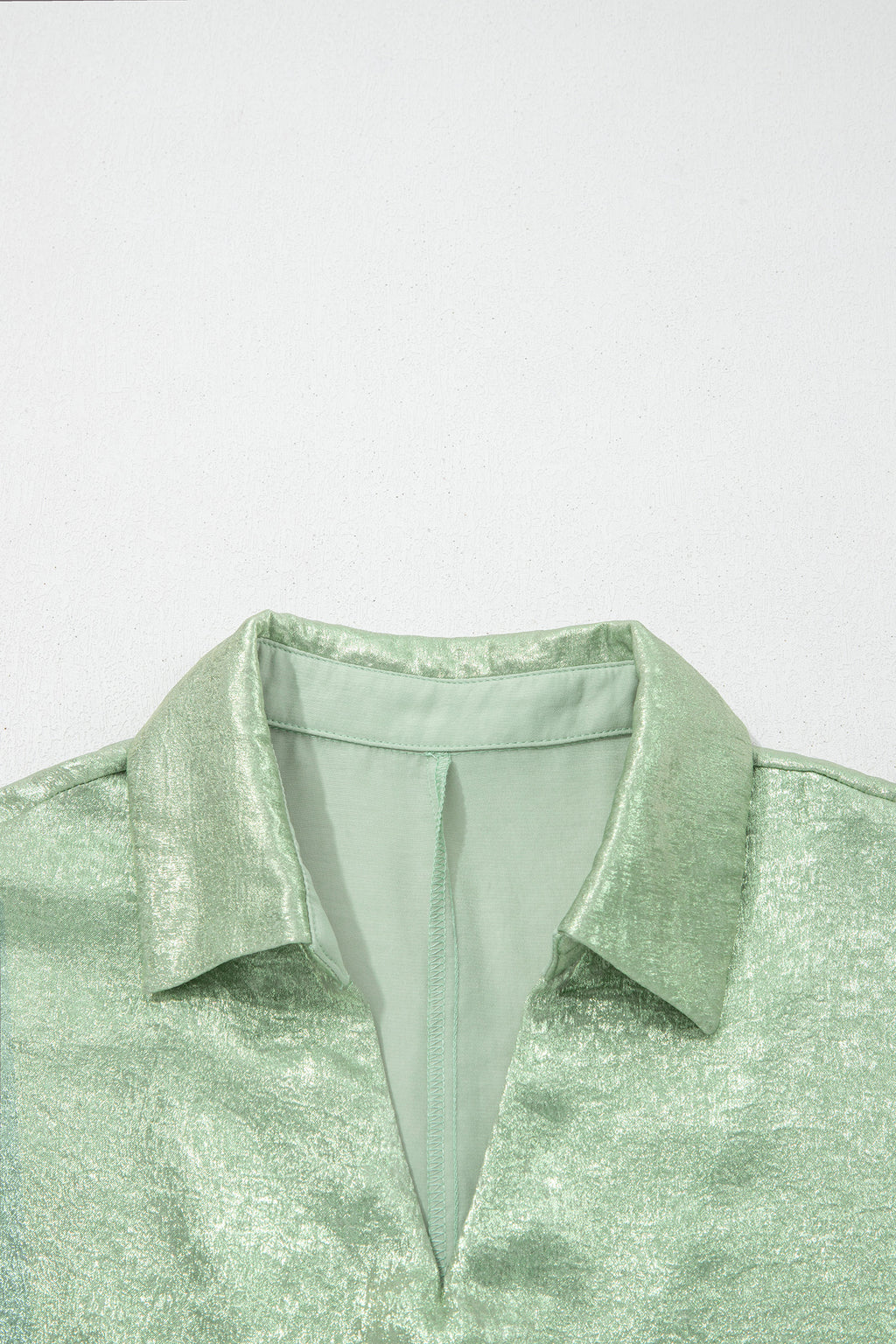 Women's Aqua Metallic Shimmer Collared V Neck Half Sleeve Top at LivelyLooks