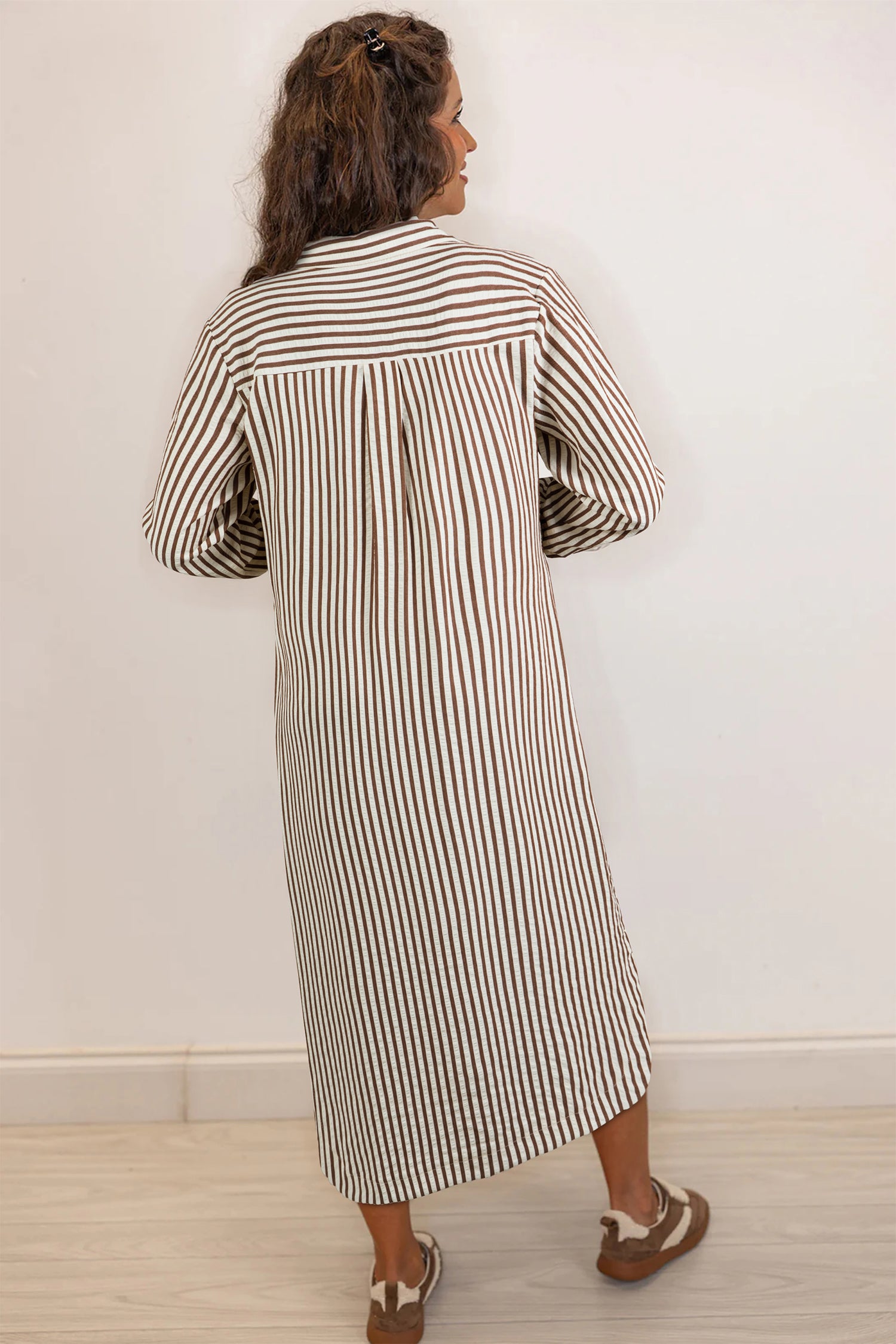 Brown Stripe Textured Midi Shirt Dress 3/4 Sleeve Round Hem Split Women S-XL