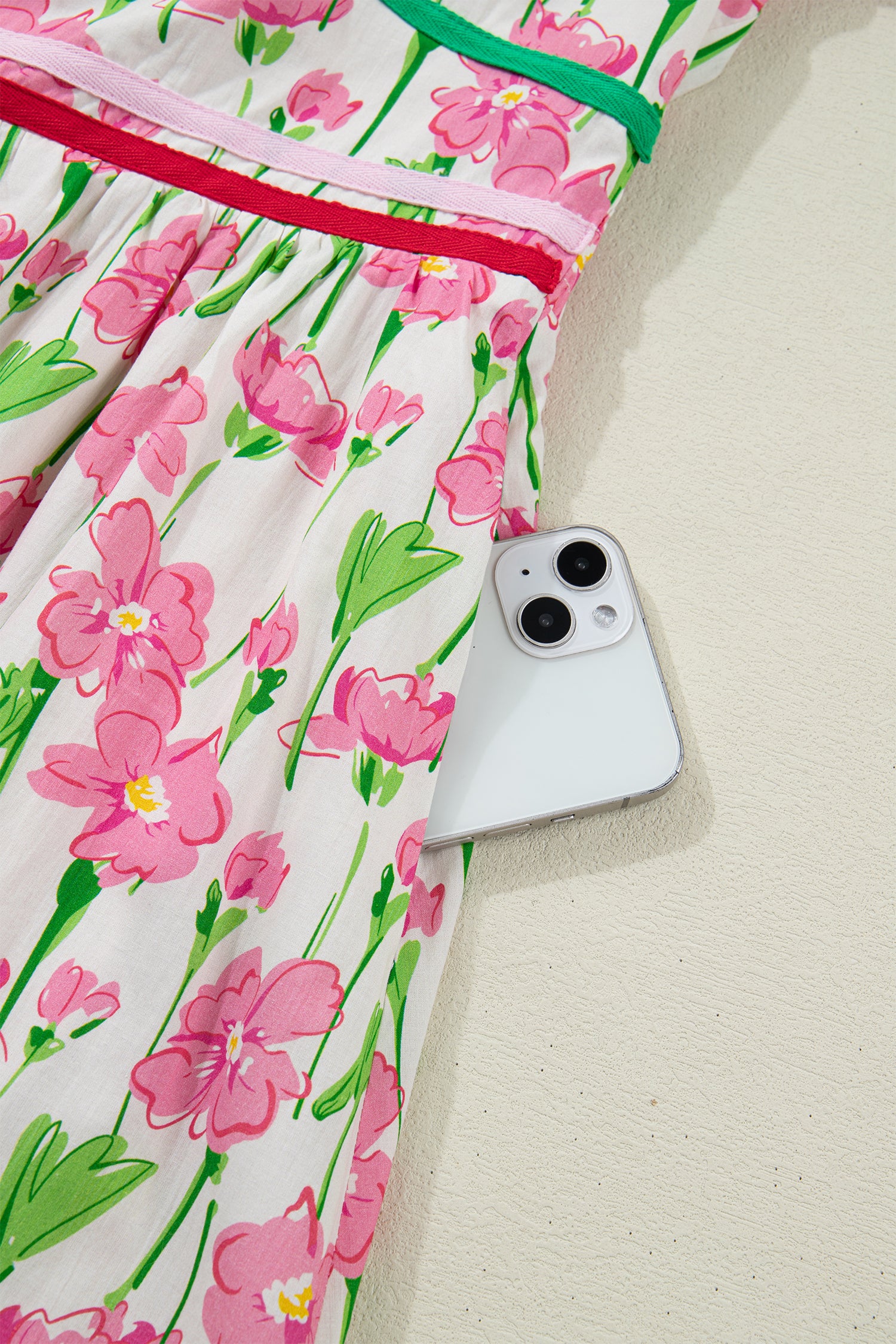 Shop Pink Floral Contrast Trim V-Neck Short Sleeve Elegant Midi Dress at LivelyLooks