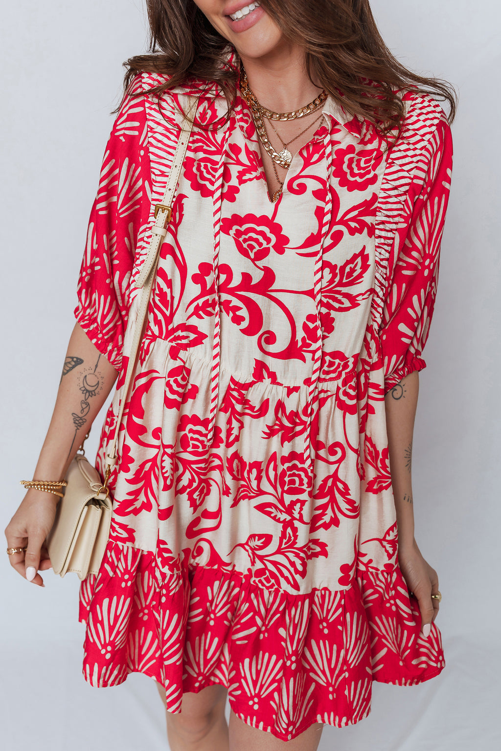 Women's Red Floral Collared V-Neck Half Sleeve Loose Mini Dress at LivelyLooks