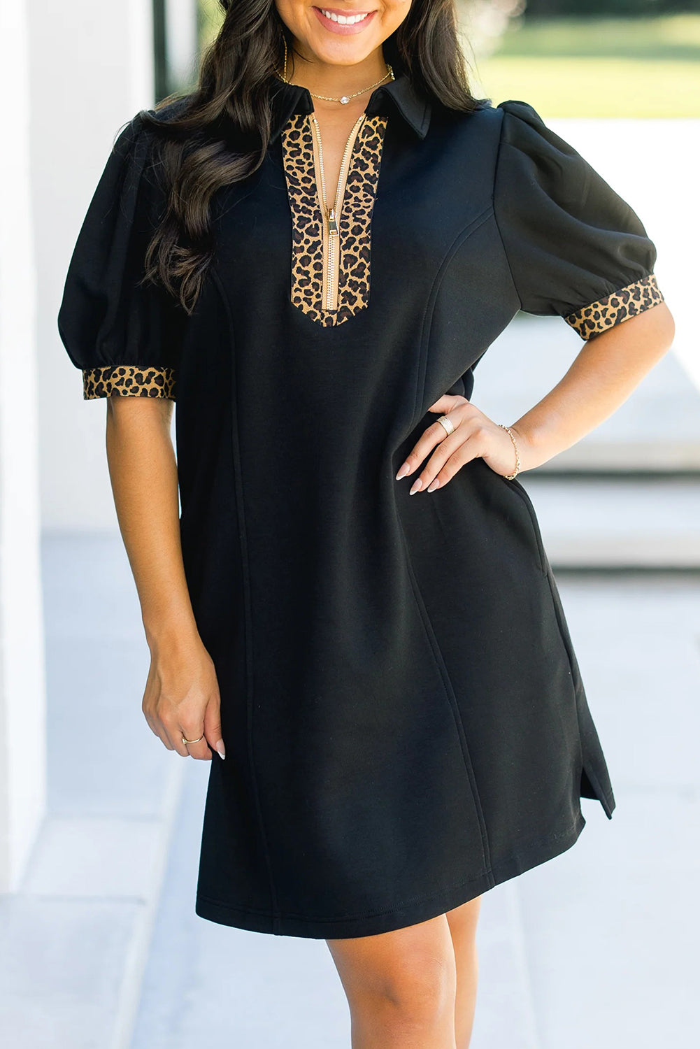 Women's Black Leopard Patchwork Zip Collared Short Puff Sleeve Shift Mini Dress at LivelyLooks