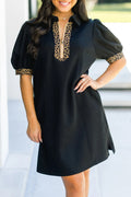 Women's Black Leopard Patchwork Zip Collared Short Puff Sleeve Shift Mini Dress at LivelyLooks