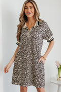 Women's Khaki Leopard Print Zip Neck Patchwork Mini Dress at LivelyLooks