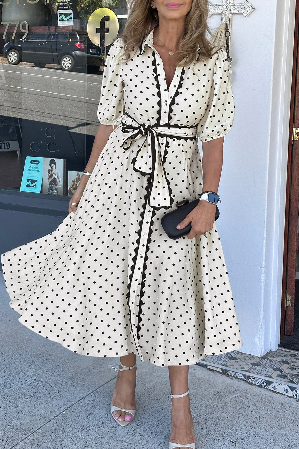 White Polka Dot Scalloped Trim Shirt Collar Belted Midi Dress S-XL