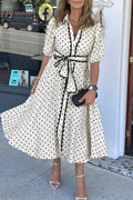White Polka Dot Scalloped Trim Shirt Collar Belted Midi Dress S-XL