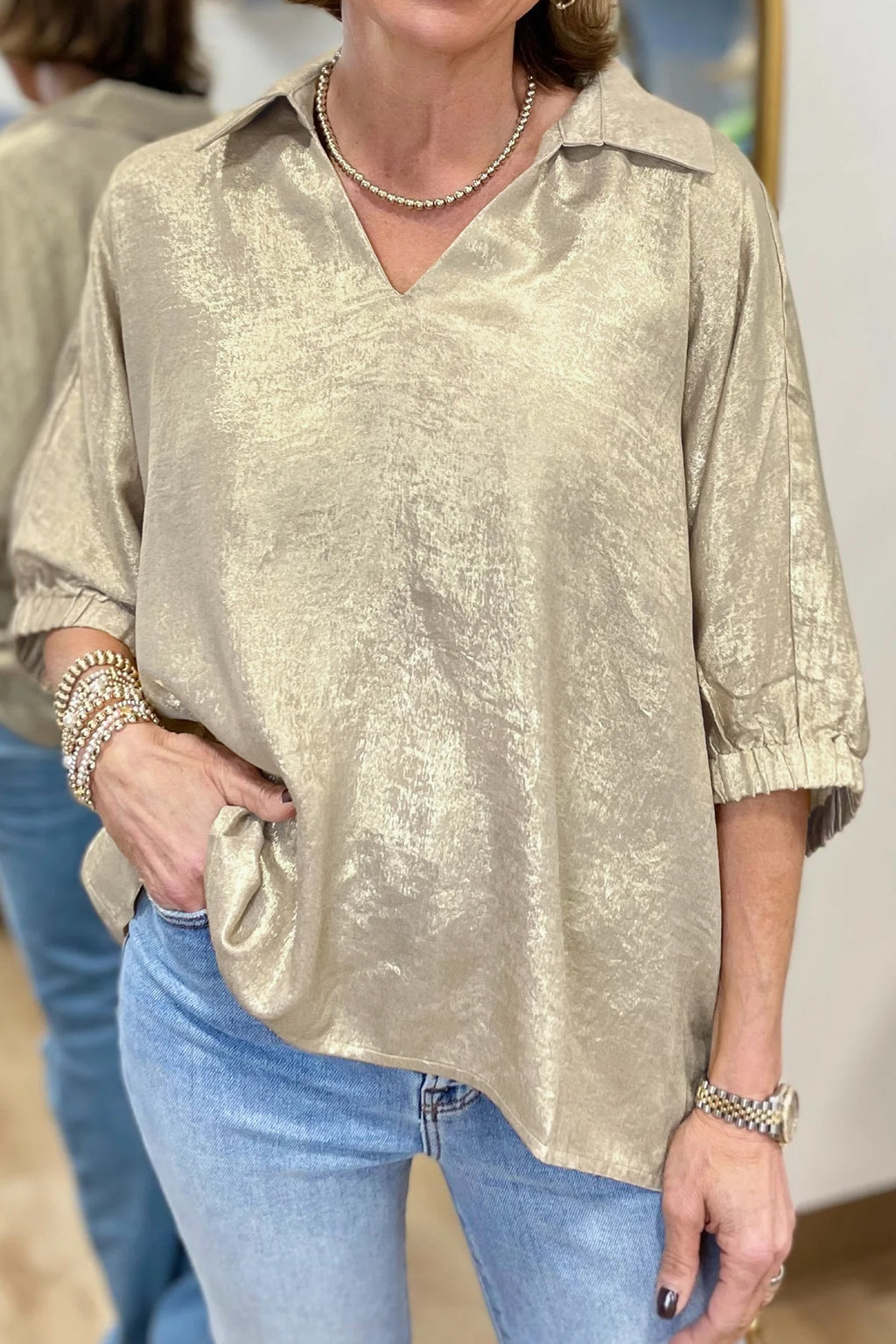 Women's Aqua Metallic Shimmer Collared V Neck Half Sleeve Top at LivelyLooks