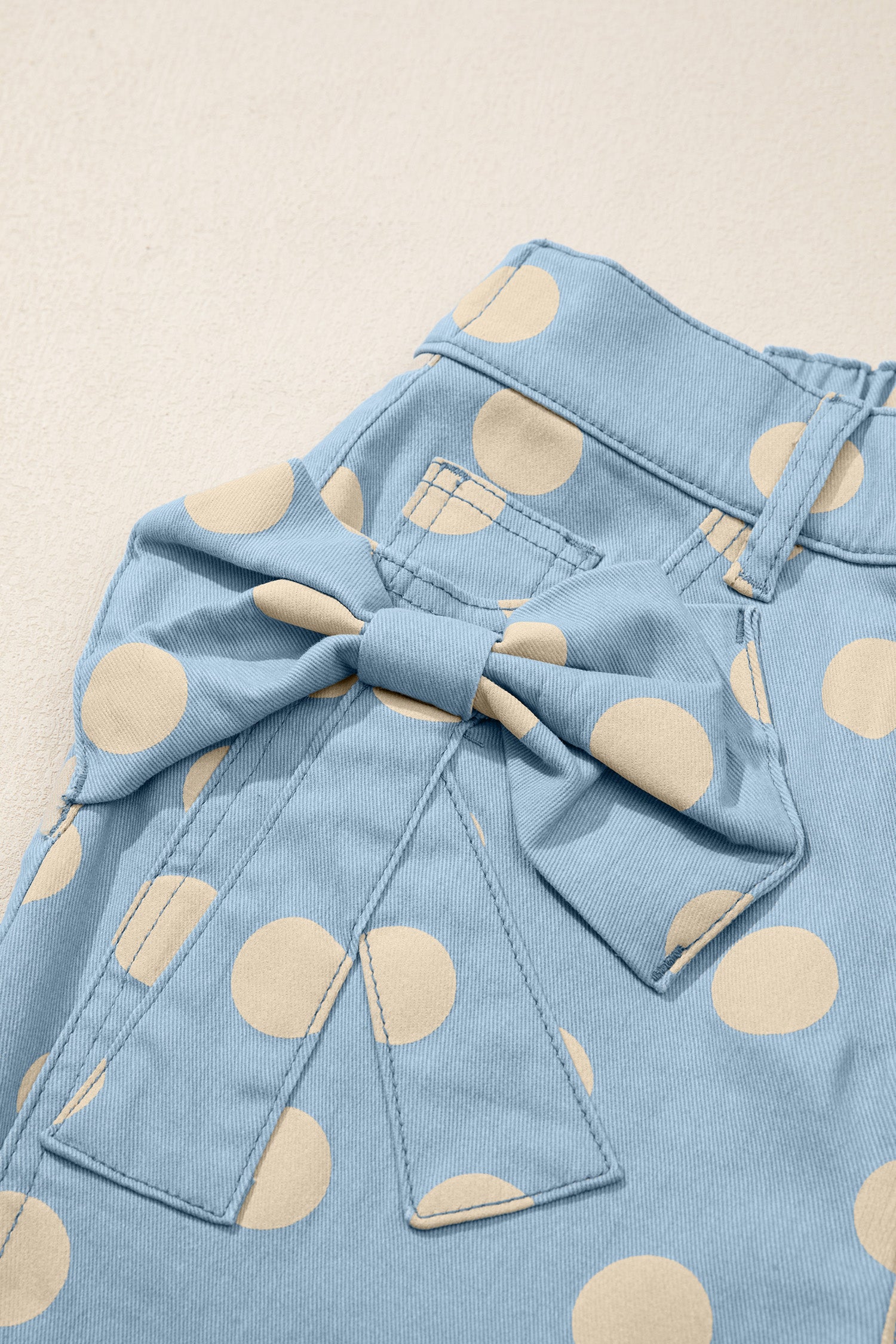 Polka Dot Print Bow Detail Pocketed Loose Jeans | White & Sky Blue